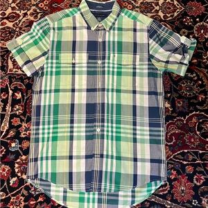 TOMMY HILFIGER 💯% Cotton Button Down Green Plaid Short Sleeve Shirt Size Small